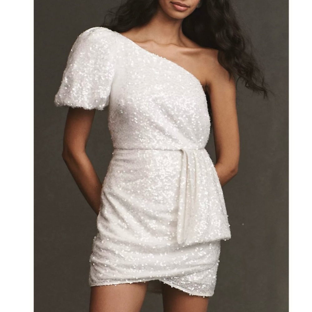 [NWT] SACHIN & BABI | Dova One-Shoulder Sequin Bow Train Wrap Mini Dress Size 6